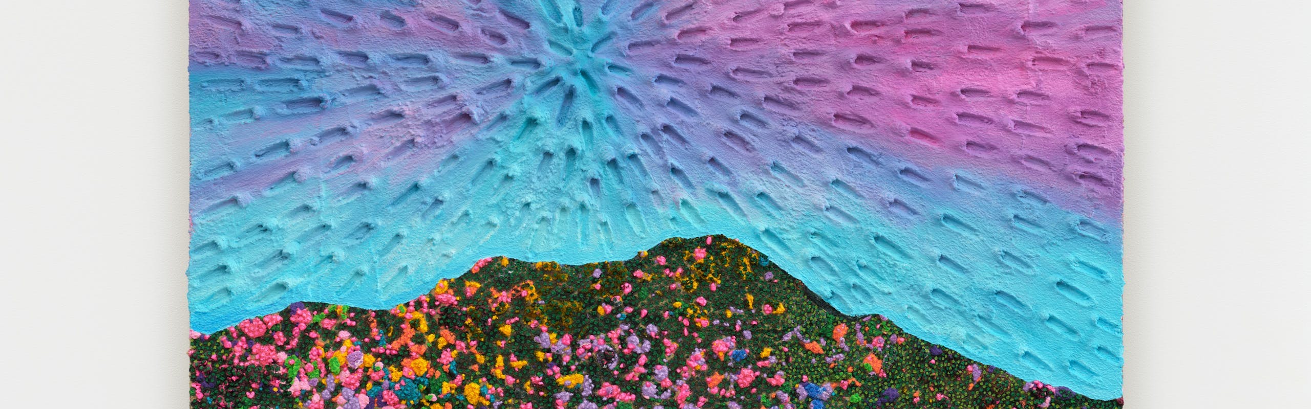 Miracles of Nature (Painted Natural Sand, Blue-Pink-Purple Sky, Multicolor Mountain, Black Ground), 2023 Sand, acrylic, oil and rocks on linen 27 x 34 inches Photo: Brica Wilcox Courtesy of the artist and Gagosian