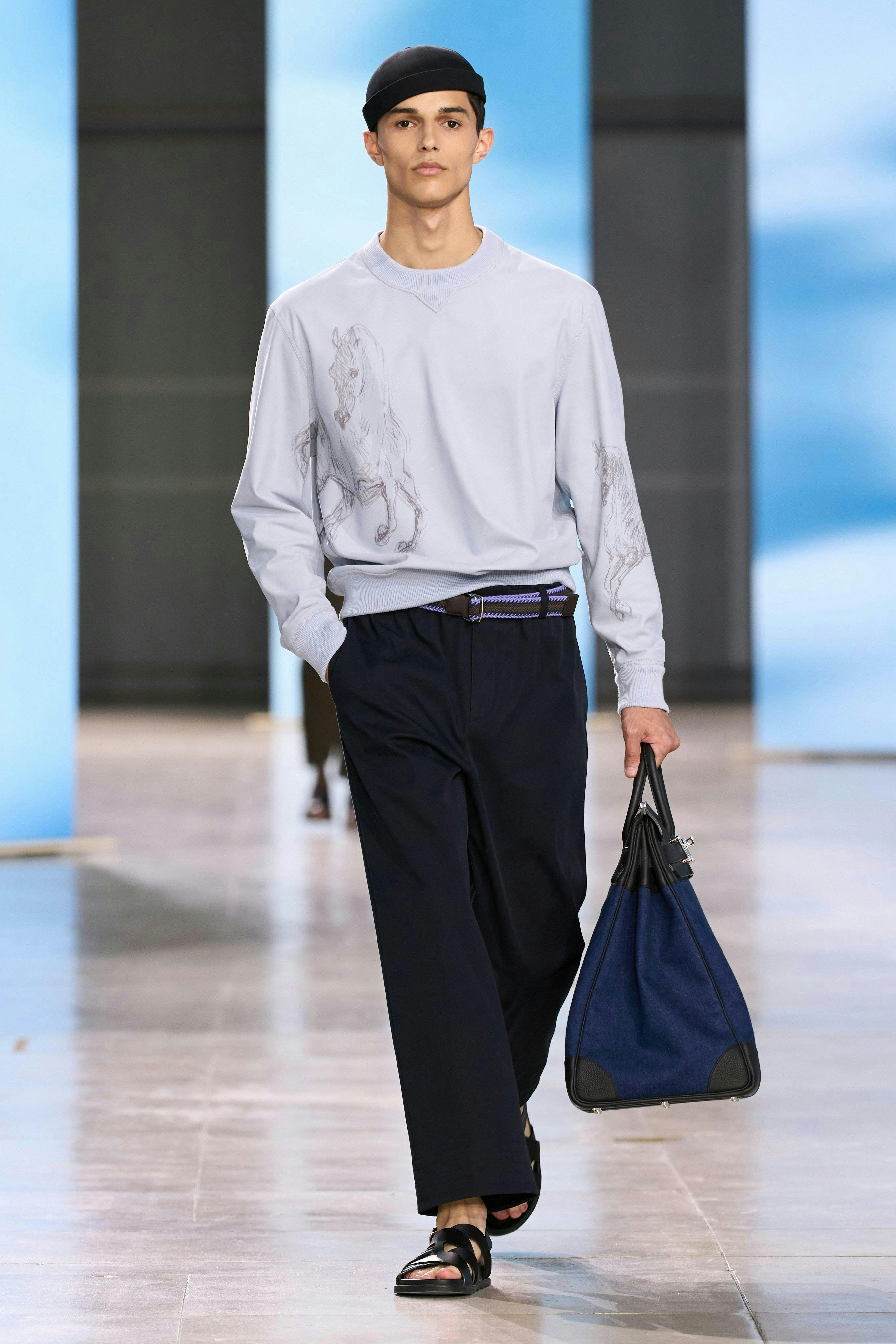 long sleeve sleeve pants adult male man person sandal handbag fashion