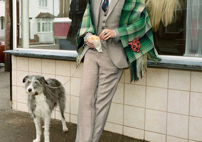 clothing shoe footwear dog person overcoat coat suit pants home decor
