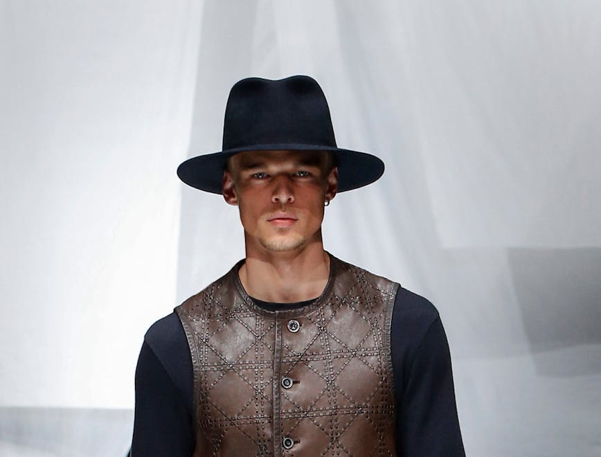clothing apparel person human hat vest