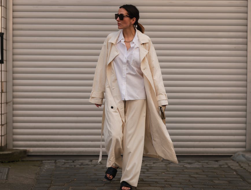 clothing apparel coat overcoat sunglasses accessories accessory person human