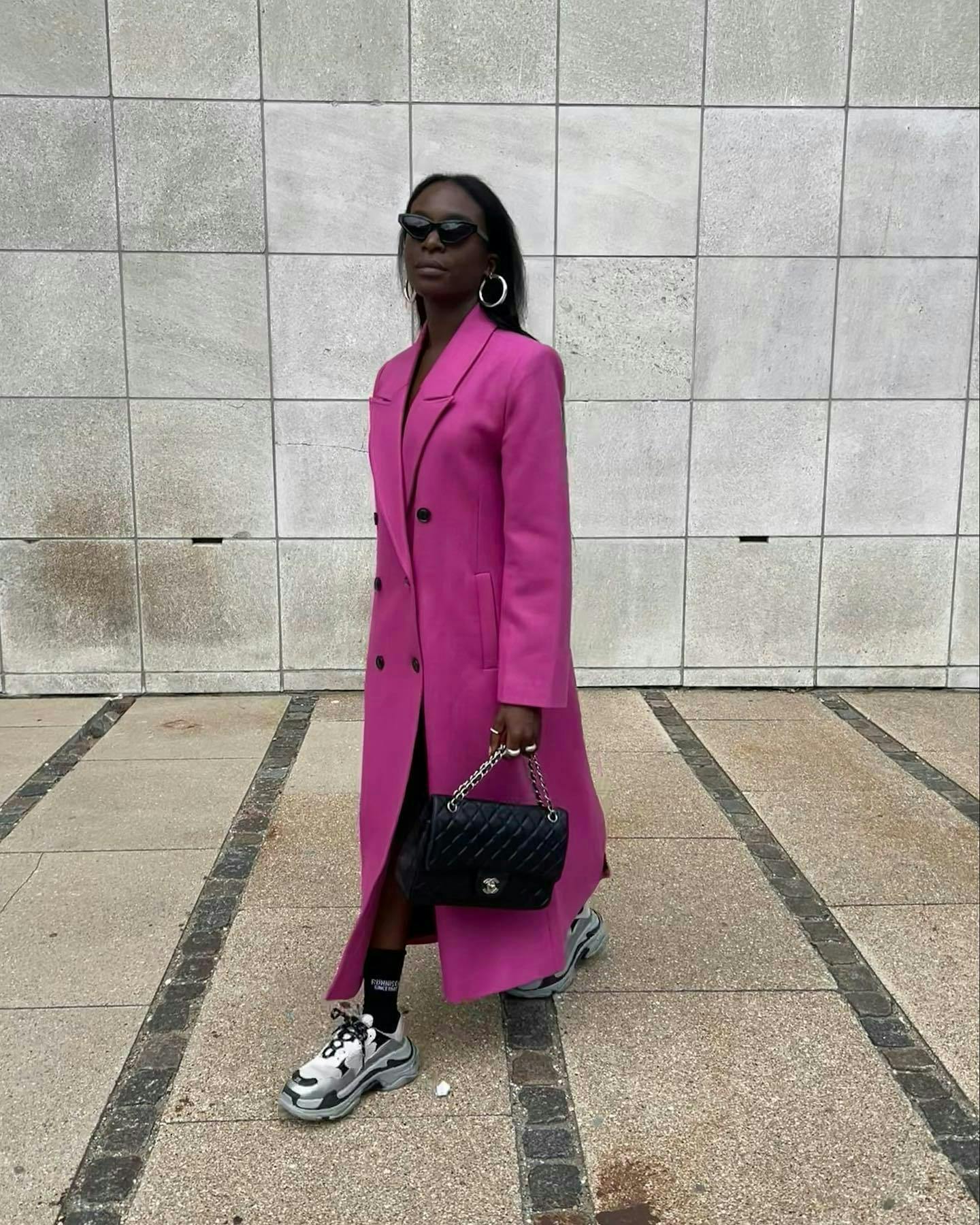 clothing apparel coat person human sunglasses accessories overcoat shoe footwear