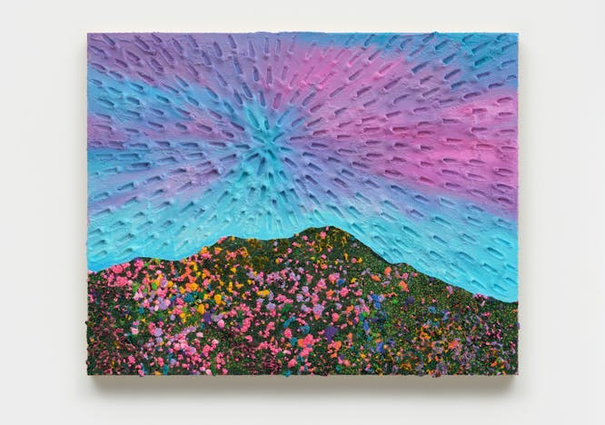 Miracles of Nature (Painted Natural Sand, Blue-Pink-Purple Sky, Multicolor Mountain, Black Ground), 2023 Sand, acrylic, oil and rocks on linen 27 x 34 inches Photo: Brica Wilcox Courtesy of the artist and Gagosian