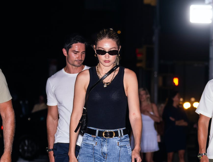 new york pants belt fashion adult female person woman wristwatch necklace glasses