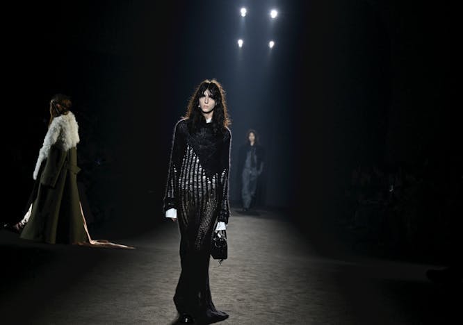 fashion horizontal autumn fashion collection paris long sleeve adult female person woman lighting coat dress handbag